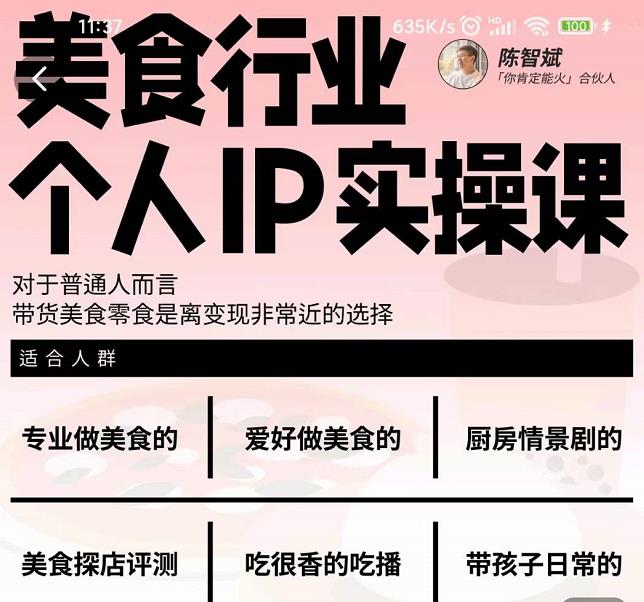 美食行业个人IP实操课，对于普通人而言，带货美食零食是离变现非常近的选择-氢气球网创资源库