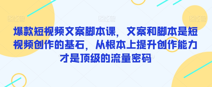 爆款短视频文案脚本课，文案和脚本是短视频创作的基石，从根本上提升创作能力才是顶级的流量密码-氢气球网创资源库