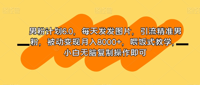 男粉计划6.0，每天发发图片，引流精准男粉，被动变现月入8000+，喂饭式教学，小白无脑复制操作即可-氢气球网创资源库