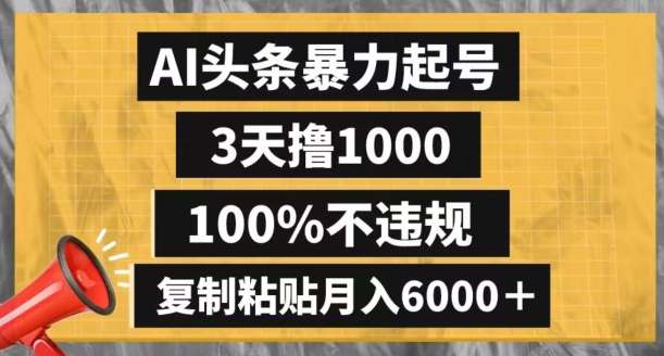 AI头条暴力起号，3天撸1000,100%不违规，复制粘贴月入6000＋【揭秘】-氢气球网创资源库