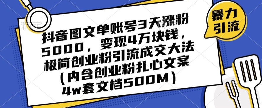 抖音图文单账号3天涨粉5000，变现4万块钱，极简创业粉引流成交大法-氢气球网创资源库