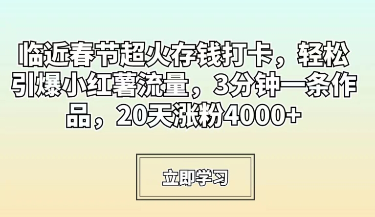 临近春节超火存钱打卡，轻松引爆小红薯流量，3分钟一条作品，20天涨粉4000+【揭秘】-氢气球网创资源库