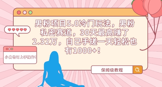 男粉项目5.0冷门玩法，男粉私密赛道，30天最高赚了2.32万，自己手搓一天轻松也有1000+【揭秘】-氢气球网创资源库