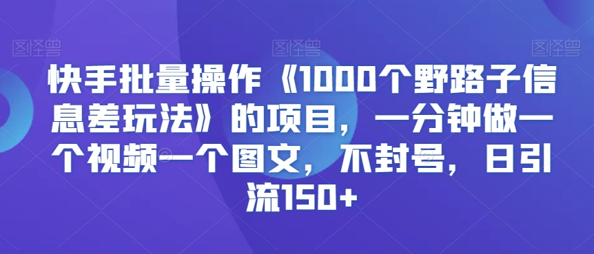 快手批量操作《1000个野路子信息差玩法》的项目，一分钟做一个视频一个图文，不封号，日引流150+【揭秘】-氢气球网创资源库