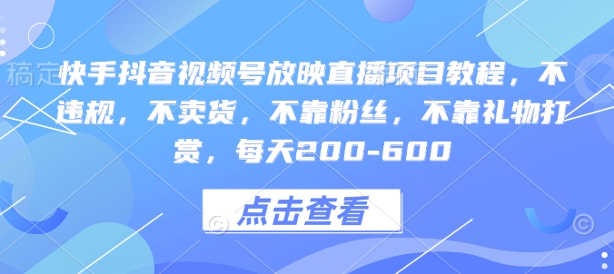 快手抖音视频号放映直播项目教程，不违规，不卖货，不靠粉丝，不靠礼物打赏，每天200-600-氢气球网创资源库