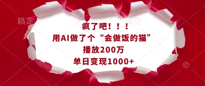 疯了吧！用AI做了个“会做饭的猫”，播放200万，单日变现1k-氢气球网创资源库