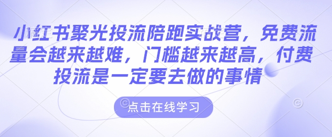 小红书聚光投流陪跑实战营，免费流量会越来越难，门槛越来越高，付费投流是一定要去做的事情-氢气球网创资源库