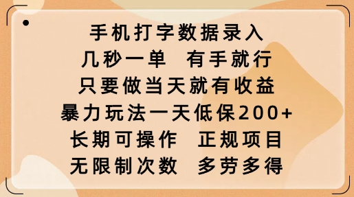 手机打字数据录入，几秒一单，有手就行，只要做当天就有收益，暴力玩法一天低保2张-氢气球网创资源库