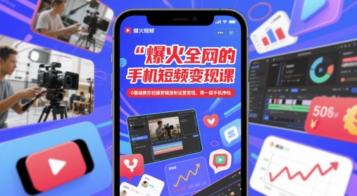 爆火全网的手机短视频变现课，0基础教你拍摄剪辑涨粉运营变现，用一部手机挣钱-氢气球网创资源库