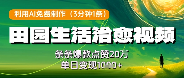 利用AI免费制作田园生活治愈视频，条条爆款点赞20W，单日变现几张-氢气球网创资源库