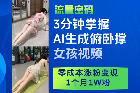 3分钟掌握AI生成俯卧撑女孩视频，零成本涨粉变现，1个月1W粉-氢气球网创资源库