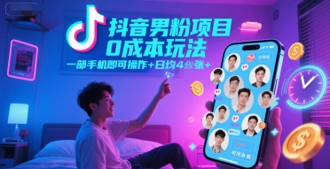 抖音男粉项目0成本玩法，一部手机即可操作，日均4张+，时间自由-氢气球网创资源库