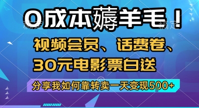 0成本薅羊毛!视频会员、话费卷、30元电影票白送，分享我如何靠转卖一天变现5张+【揭秘】-氢气球网创资源库