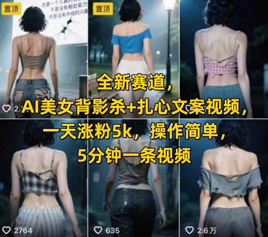 全新赛道，AI美女背影杀+扎心文案视频，一天涨粉5k，操作简单，5分钟一条视频-氢气球网创资源库
